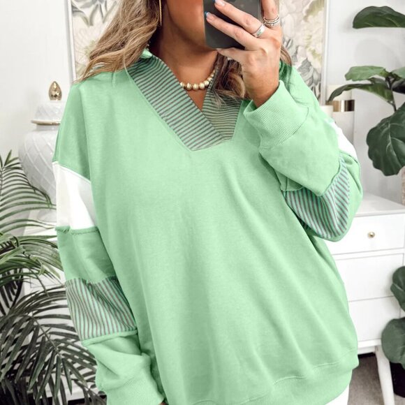 Moonlight Jade Color block Striped Patchwork Collar V Neck Plus Size Sweatshirt - Picture 4 of 10